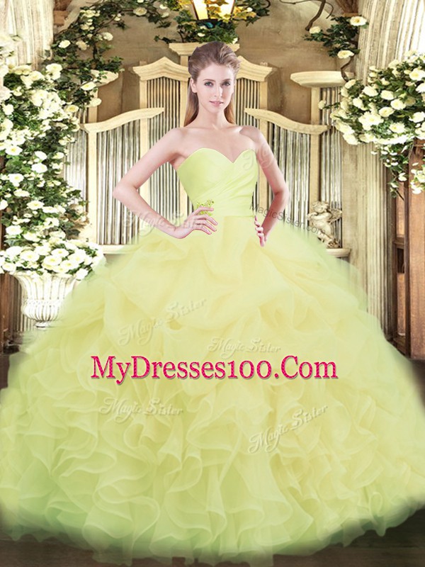 Admirable Light Yellow Ball Gowns Sweetheart Sleeveless Organza Floor Length Lace Up Beading and Ruffles Sweet 16 Quinceanera Dress