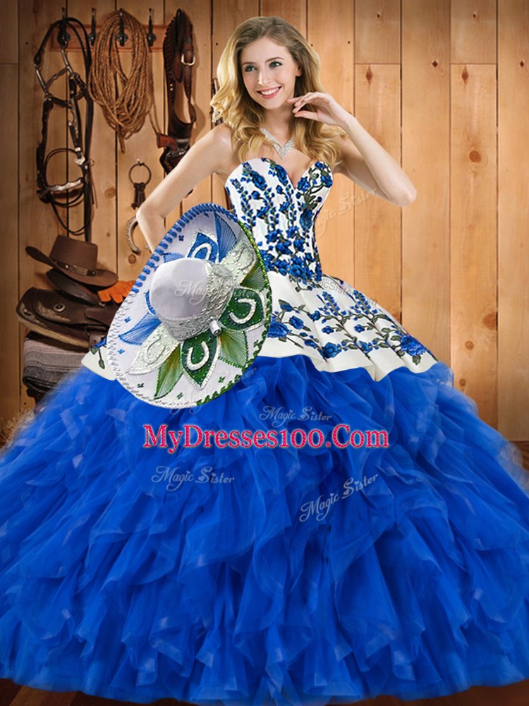 Glorious Blue Sweetheart Lace Up Embroidery and Ruffles Quince Ball Gowns Sleeveless