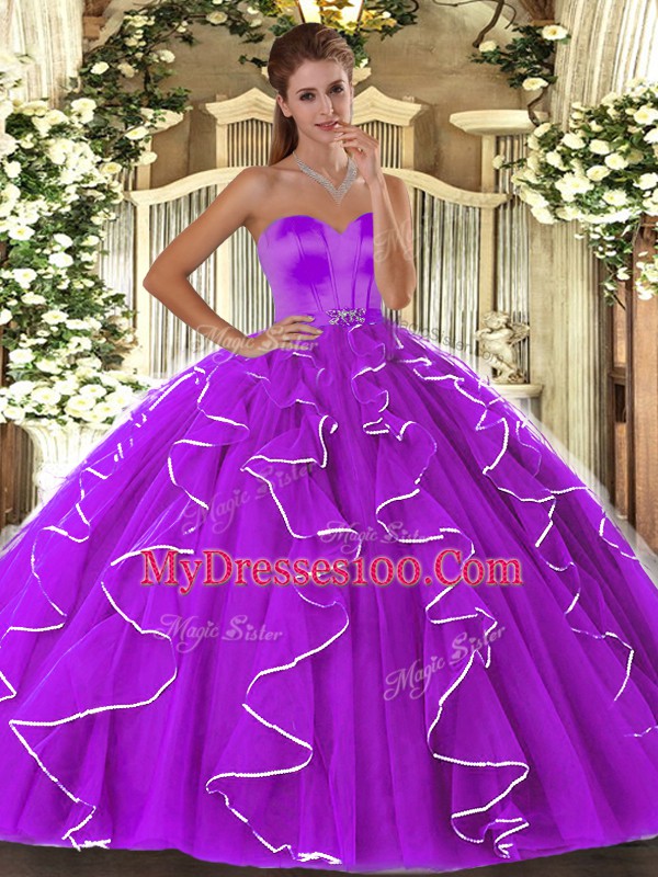 Beading and Ruffles Vestidos de Quinceanera Eggplant Purple Lace Up Sleeveless Floor Length