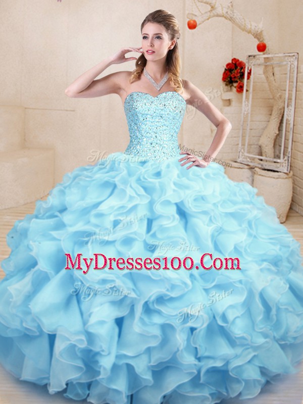 Fantastic Light Blue Lace Up Quinceanera Gown Ruffles Sleeveless Floor Length
