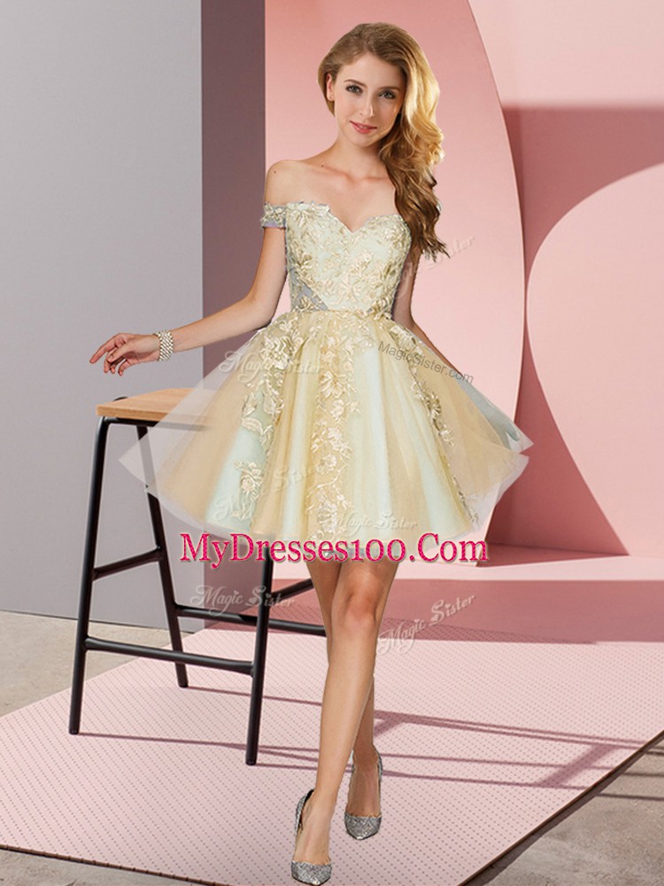 Luxurious Mini Length Champagne Quinceanera Court of Honor Dress Off The Shoulder Sleeveless Zipper