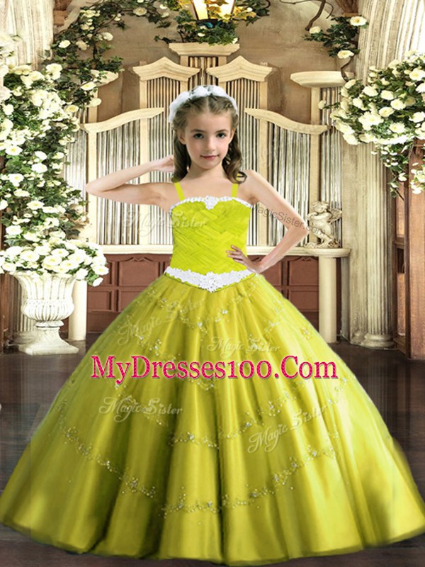 High Class Yellow Green Sleeveless Tulle Lace Up Little Girls Pageant Gowns for Party and Quinceanera