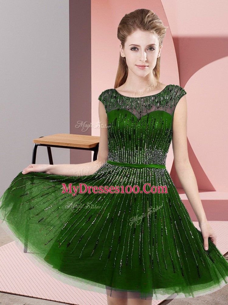 Custom Designed Green Empire Beading Backless Tulle Sleeveless Knee Length