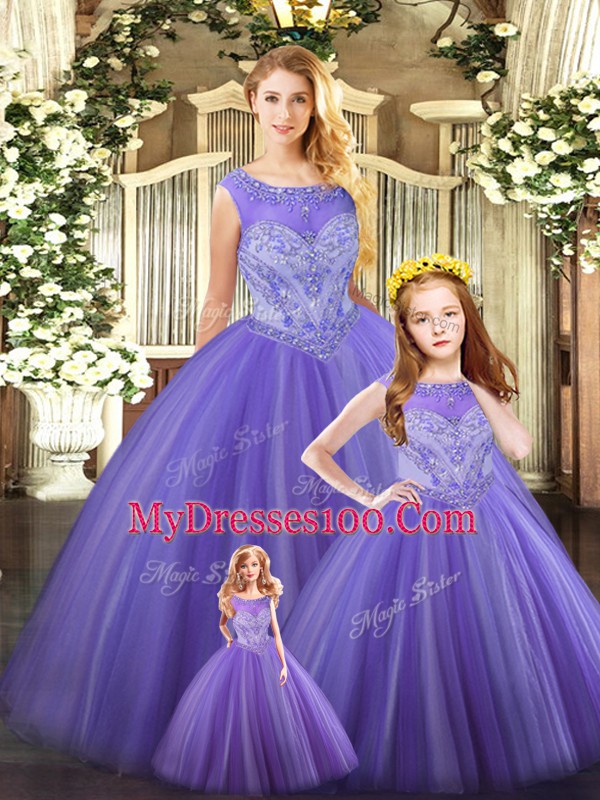 Floor Length Lace Up Sweet 16 Quinceanera Dress Lavender for Military Ball and Sweet 16 and Quinceanera with Beading