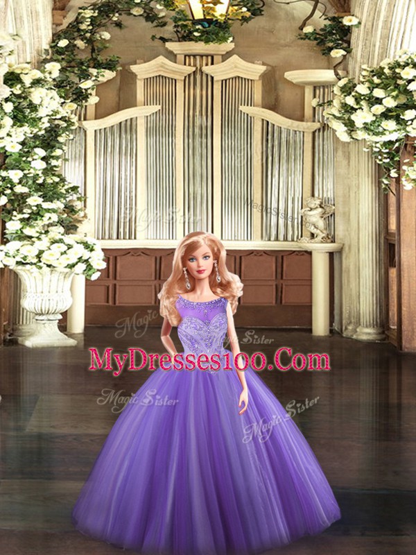 Floor Length Lace Up Sweet 16 Quinceanera Dress Lavender for Military Ball and Sweet 16 and Quinceanera with Beading