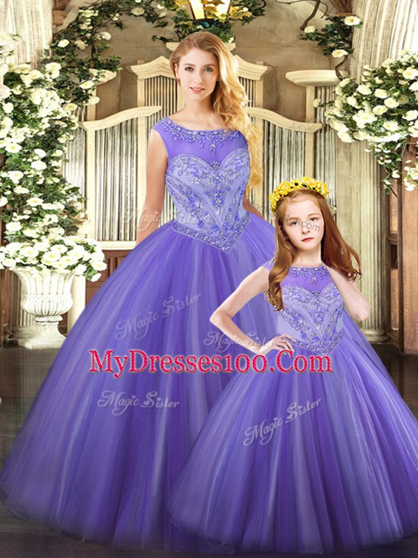 Floor Length Lace Up Sweet 16 Quinceanera Dress Lavender for Military Ball and Sweet 16 and Quinceanera with Beading