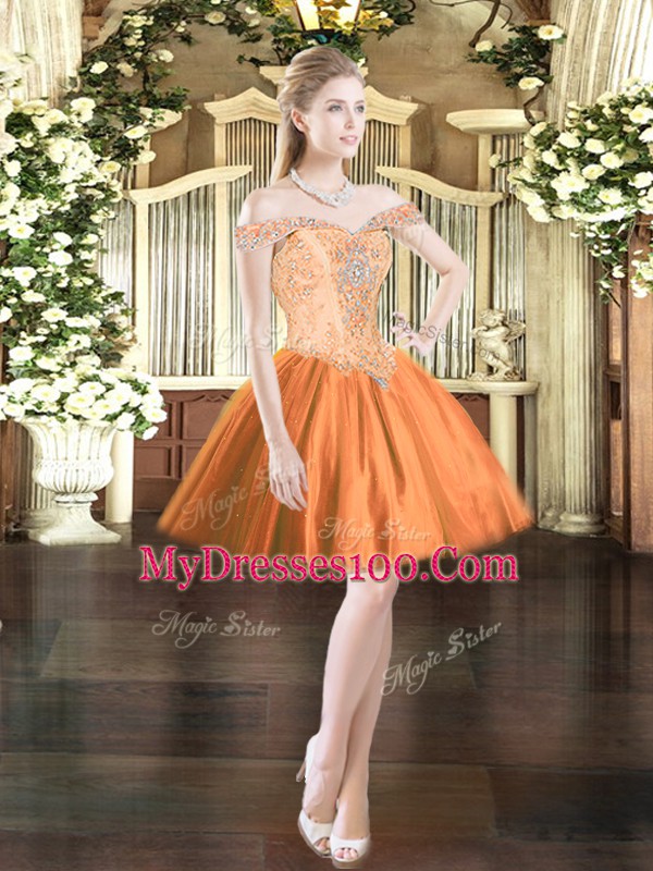 Hot Selling Tulle Off The Shoulder Sleeveless Lace Up Beading Party Dress for Toddlers in Orange Red