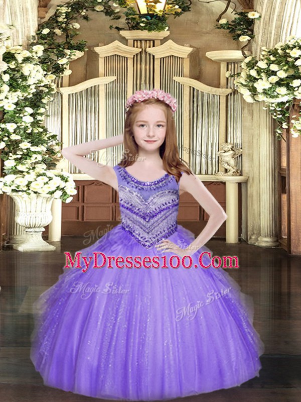 Lavender Lace Up Little Girls Pageant Dress Wholesale Beading and Ruffles Sleeveless Floor Length
