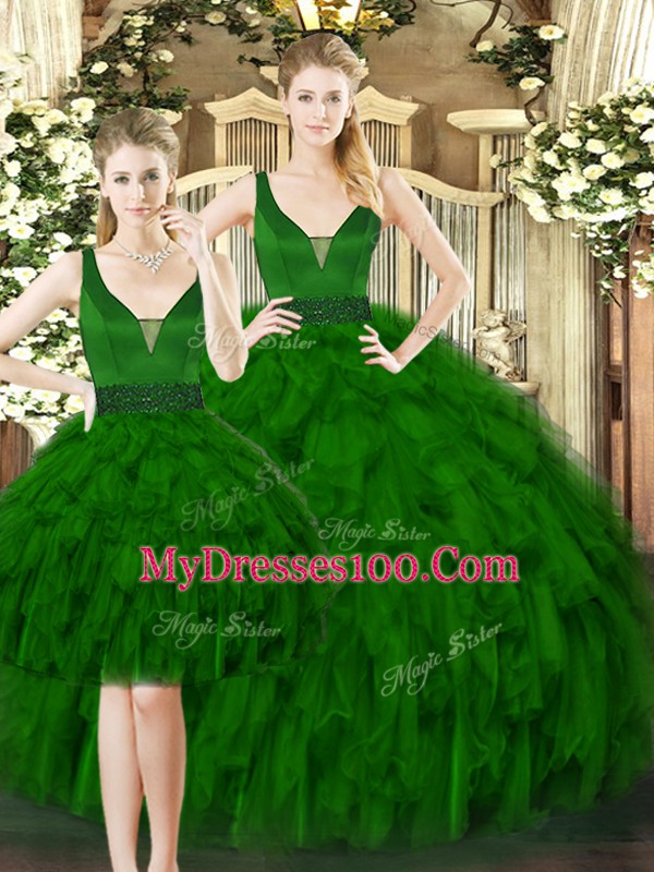 Enchanting Sleeveless Tulle Floor Length Lace Up Quinceanera Dress in Dark Green with Beading and Ruffles