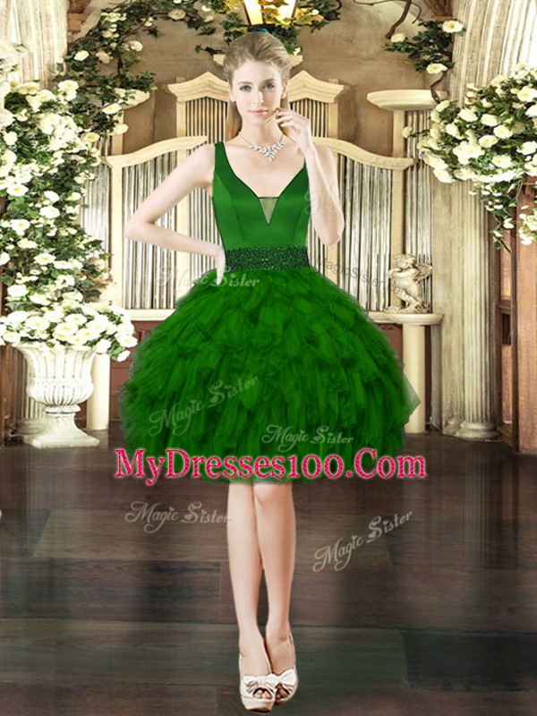 Enchanting Sleeveless Tulle Floor Length Lace Up Quinceanera Dress in Dark Green with Beading and Ruffles