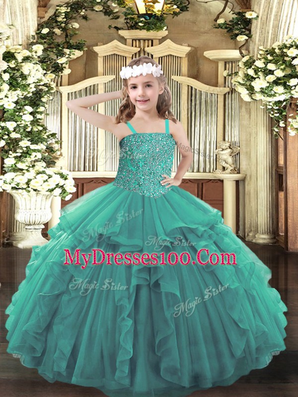 Best Beading and Ruffles Kids Formal Wear Turquoise Lace Up Sleeveless Floor Length