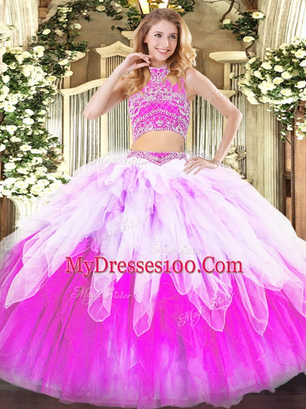 Hot Selling Sleeveless Beading and Ruffles Backless Quince Ball Gowns