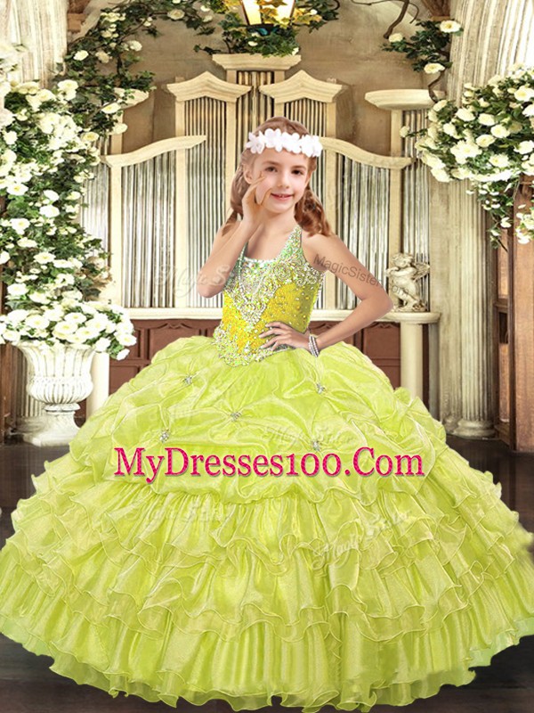 Yellow Green Ball Gowns Organza V-neck Sleeveless Beading and Ruffled Layers and Pick Ups Floor Length Lace Up Little Girls Pageant Dress