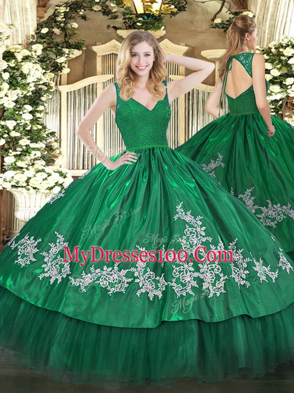 Dark Green V-neck Backless Beading and Lace and Appliques Quinceanera Gown Sleeveless