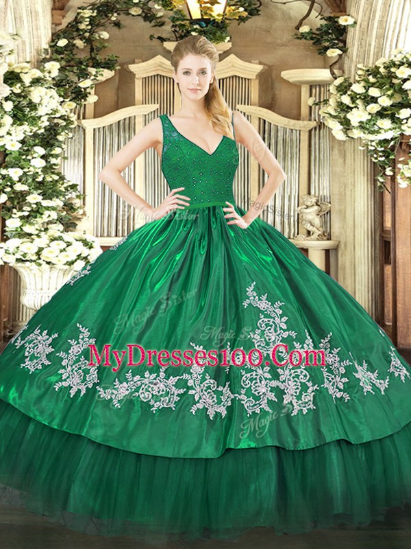 Dark Green V-neck Backless Beading and Lace and Appliques Quinceanera Gown Sleeveless