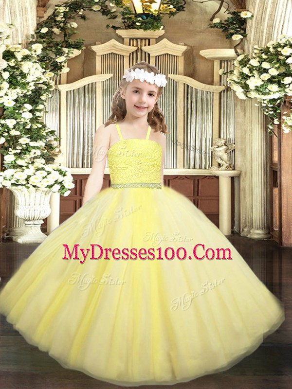 Yellow Tulle Zipper Straps Sleeveless Floor Length Little Girls Pageant Gowns Beading and Lace