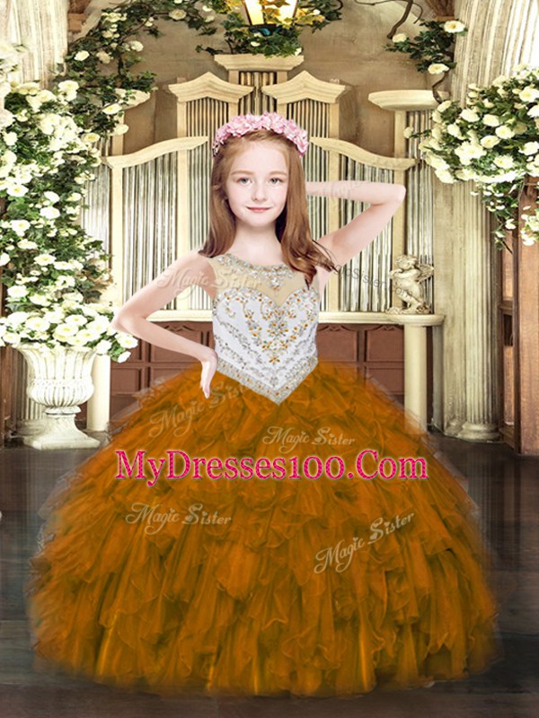 Brown Organza Zipper Scoop Sleeveless Floor Length Pageant Dresses Beading