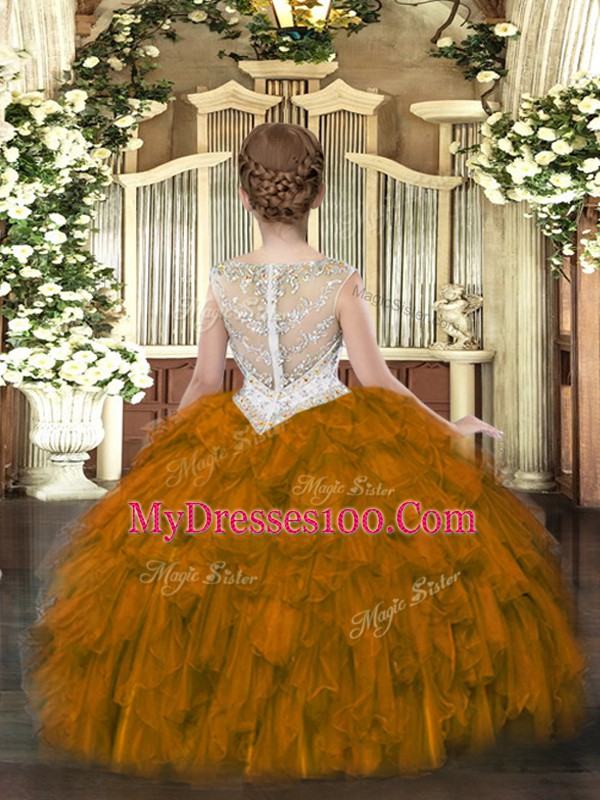 Brown Organza Zipper Scoop Sleeveless Floor Length Pageant Dresses Beading