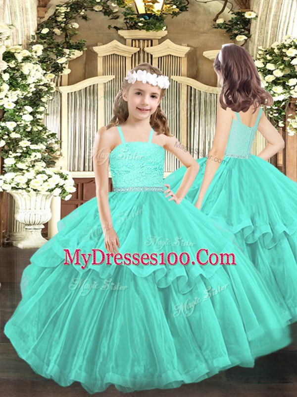 Superior Sleeveless Floor Length Beading and Lace Zipper Little Girls Pageant Dress Wholesale with Turquoise