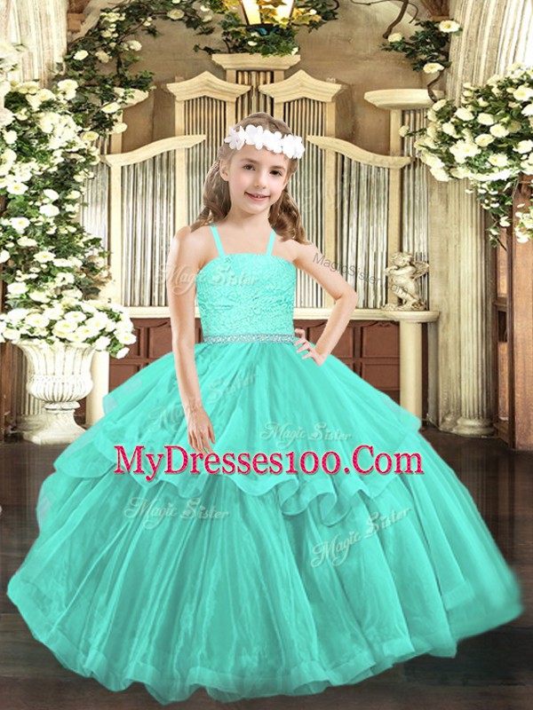 Superior Sleeveless Floor Length Beading and Lace Zipper Little Girls Pageant Dress Wholesale with Turquoise