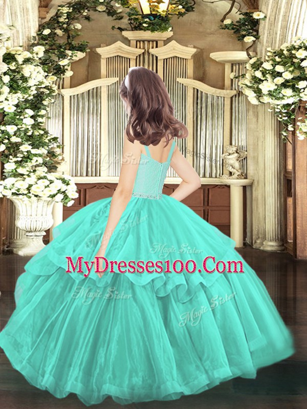 Superior Sleeveless Floor Length Beading and Lace Zipper Little Girls Pageant Dress Wholesale with Turquoise