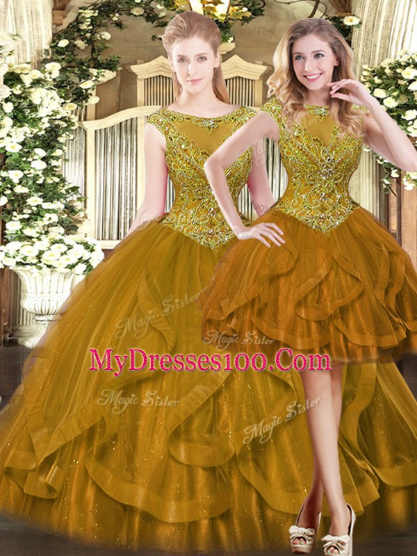 Scoop Sleeveless Sweet 16 Dress Floor Length Beading and Ruffles Brown Tulle