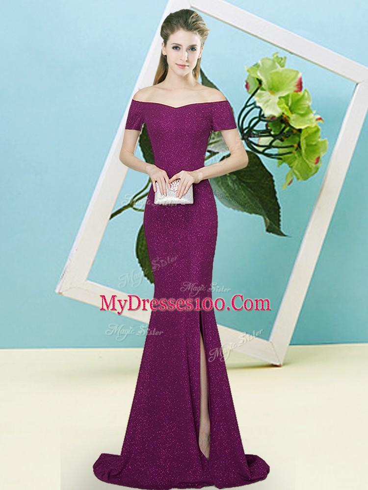 Purple Military Ball Gown Off The Shoulder Short Sleeves Sweep Train Zipper