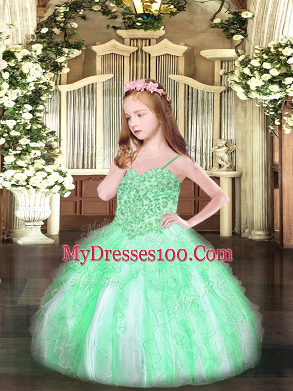 Custom Fit Organza Spaghetti Straps Sleeveless Lace Up Appliques and Ruffles Little Girl Pageant Gowns in Apple Green
