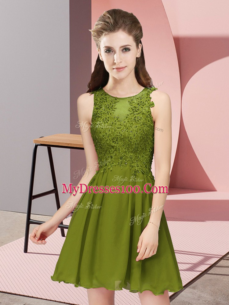 Spectacular Appliques Bridesmaid Gown Olive Green Zipper Sleeveless Mini Length
