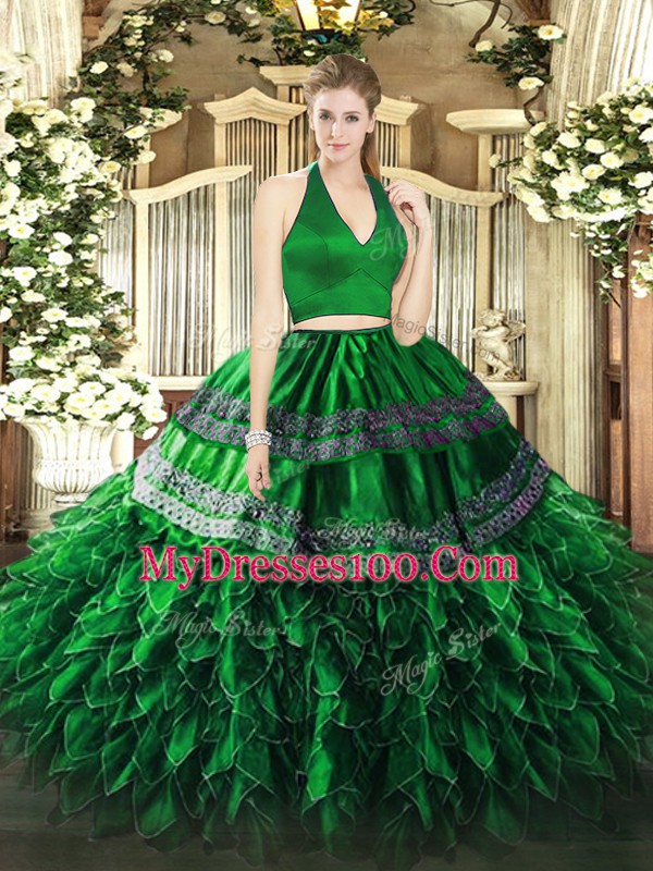 Delicate Dark Green Two Pieces Halter Top Sleeveless Organza Floor Length Zipper Appliques and Ruffles 15th Birthday Dress