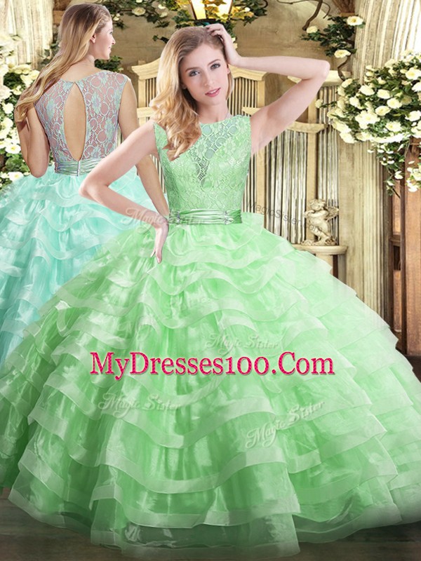 Modest Apple Green Organza Backless Scoop Sleeveless Floor Length Quince Ball Gowns Lace and Ruffled Layers