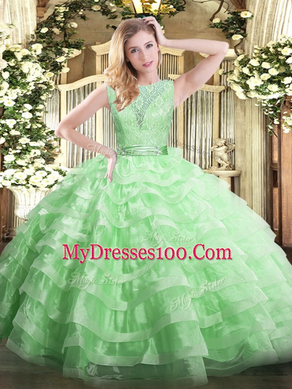 Modest Apple Green Organza Backless Scoop Sleeveless Floor Length Quince Ball Gowns Lace and Ruffled Layers