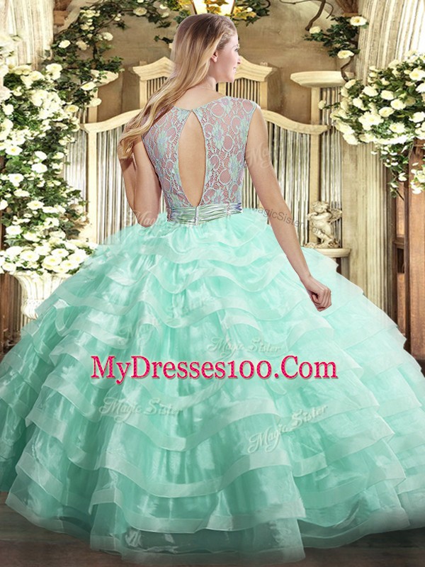 Modest Apple Green Organza Backless Scoop Sleeveless Floor Length Quince Ball Gowns Lace and Ruffled Layers