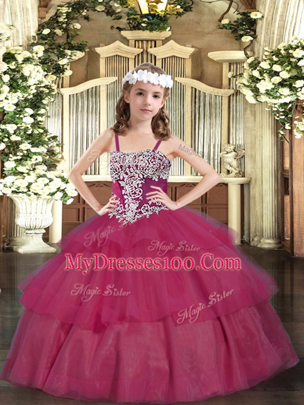 Wine Red Sleeveless Appliques and Ruffled Layers Floor Length Little Girl Pageant Dress