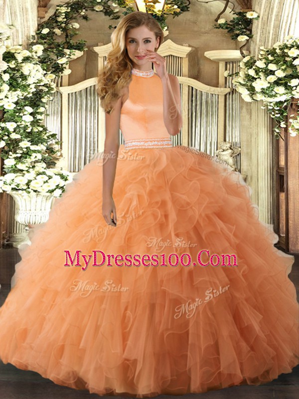 Orange Organza Backless Halter Top Sleeveless Floor Length Ball Gown Prom Dress Beading and Ruffles