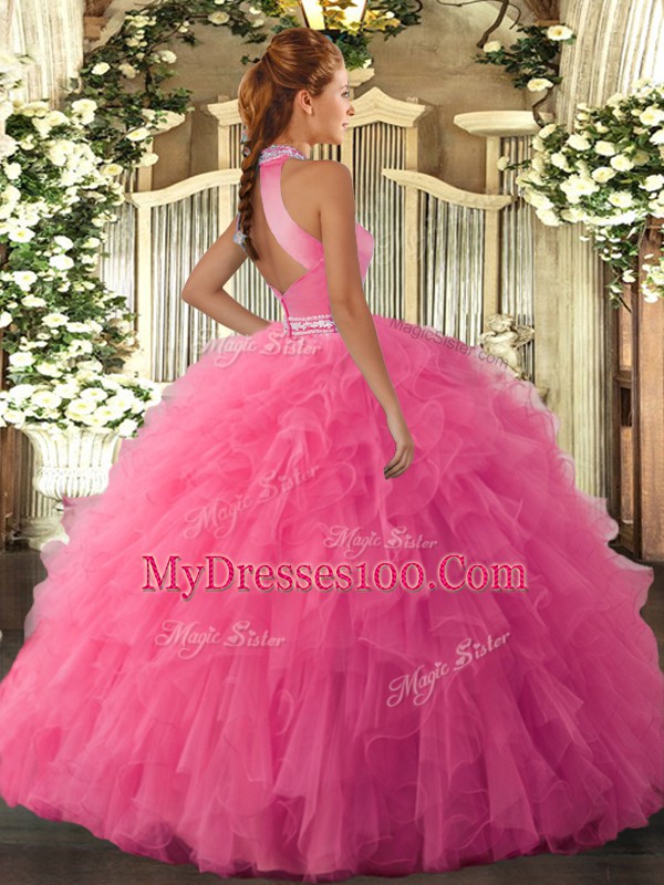 Orange Organza Backless Halter Top Sleeveless Floor Length Ball Gown Prom Dress Beading and Ruffles