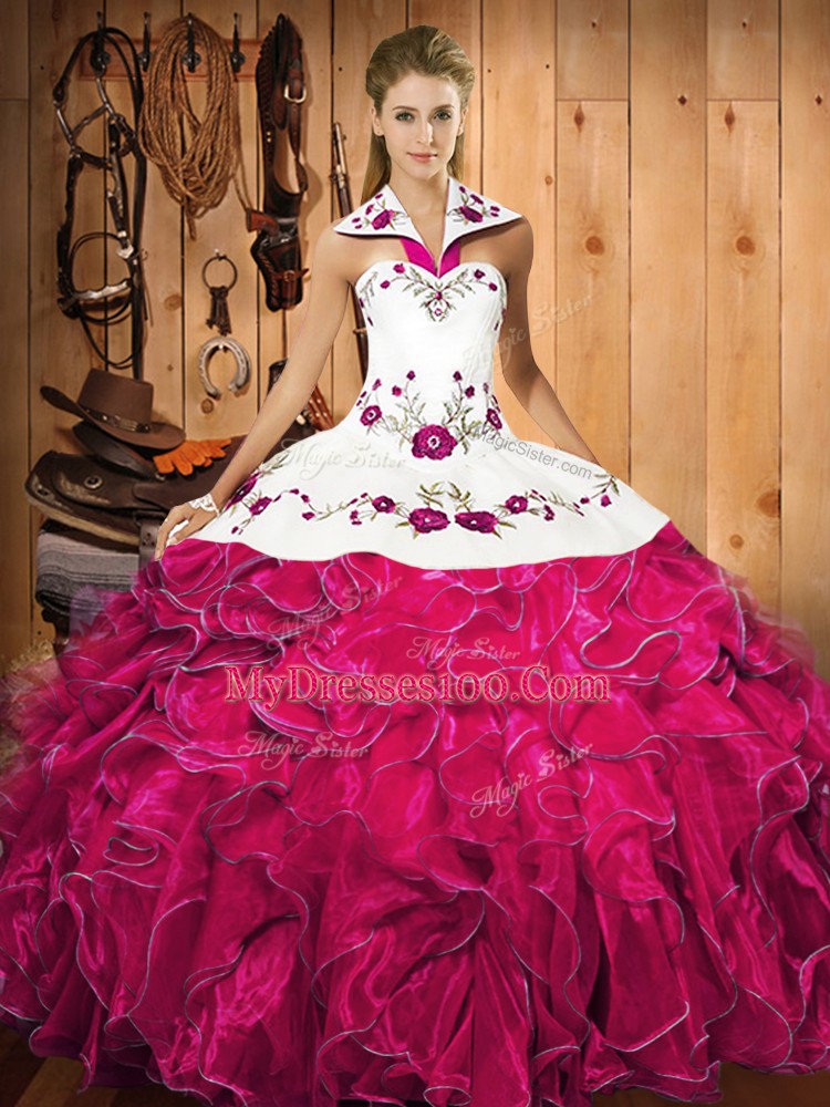 Most Popular Floor Length Fuchsia Quince Ball Gowns Halter Top Sleeveless Lace Up