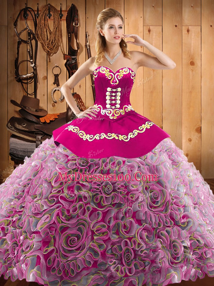 Multi-color Lace Up Sweetheart Embroidery Quince Ball Gowns Satin and Fabric With Rolling Flowers Sleeveless Sweep Train