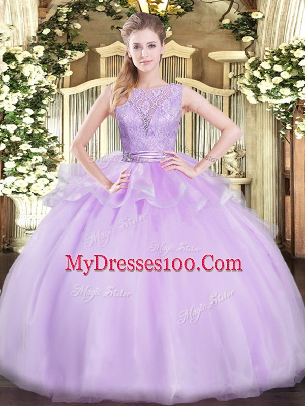 Lavender Backless Scoop Lace Ball Gown Prom Dress Organza Sleeveless