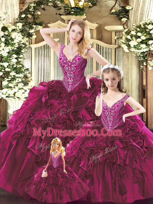 Romantic Floor Length Ball Gowns Sleeveless Fuchsia Sweet 16 Quinceanera Dress Lace Up