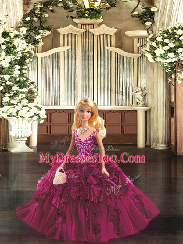 Romantic Floor Length Ball Gowns Sleeveless Fuchsia Sweet 16 Quinceanera Dress Lace Up