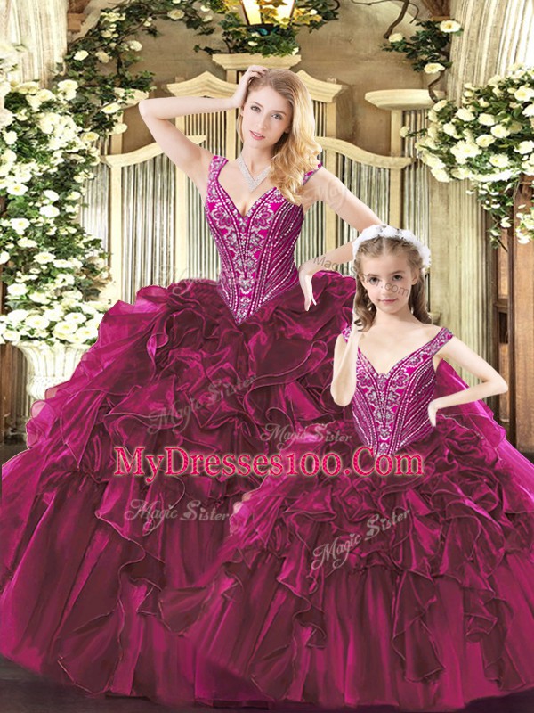 Romantic Floor Length Ball Gowns Sleeveless Fuchsia Sweet 16 Quinceanera Dress Lace Up