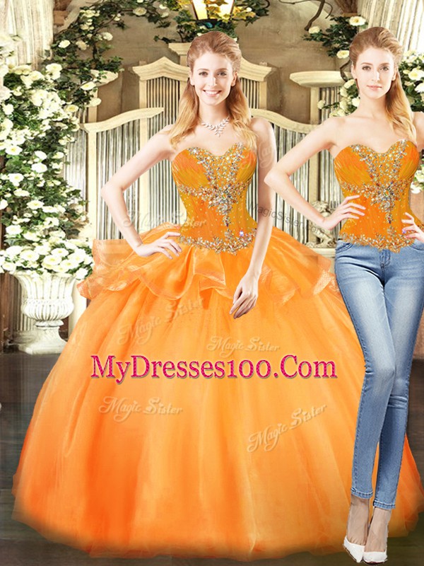 Adorable Orange Red Organza Lace Up Sweetheart Sleeveless Floor Length Quince Ball Gowns Beading and Ruffles