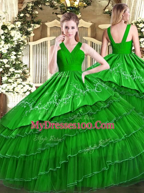 Fantastic Green Zipper 15th Birthday Dress Embroidery and Ruffled Layers Sleeveless Floor Length