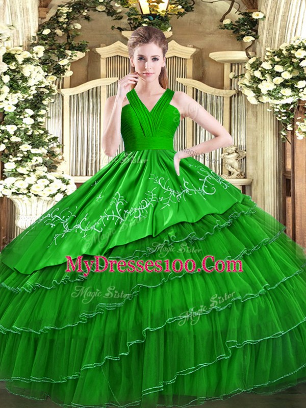 Fantastic Green Zipper 15th Birthday Dress Embroidery and Ruffled Layers Sleeveless Floor Length