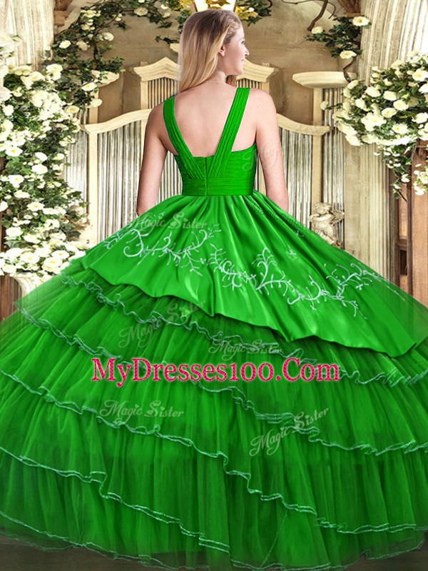 Fantastic Green Zipper 15th Birthday Dress Embroidery and Ruffled Layers Sleeveless Floor Length