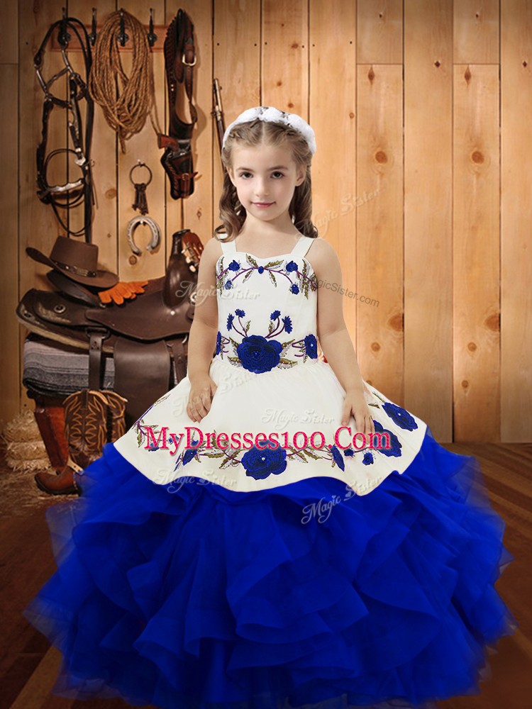Royal Blue Kids Pageant Dress Sweet 16 and Quinceanera with Embroidery and Ruffles Straps Sleeveless Lace Up