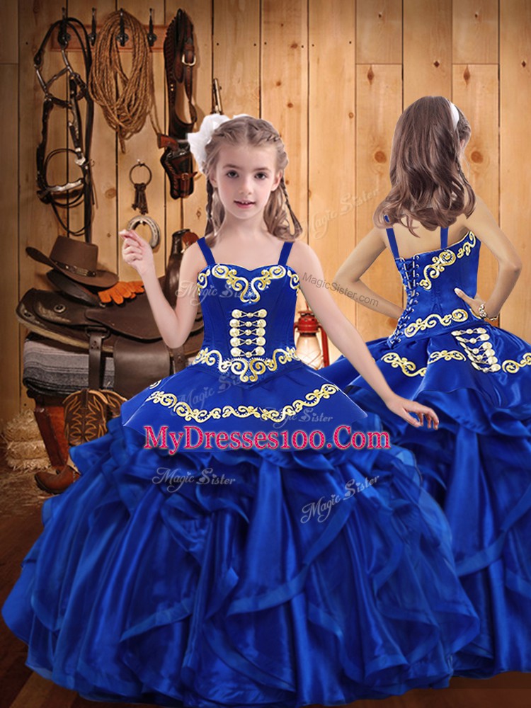 Royal Blue Straps Neckline Embroidery and Ruffles Little Girl Pageant Gowns Sleeveless Lace Up