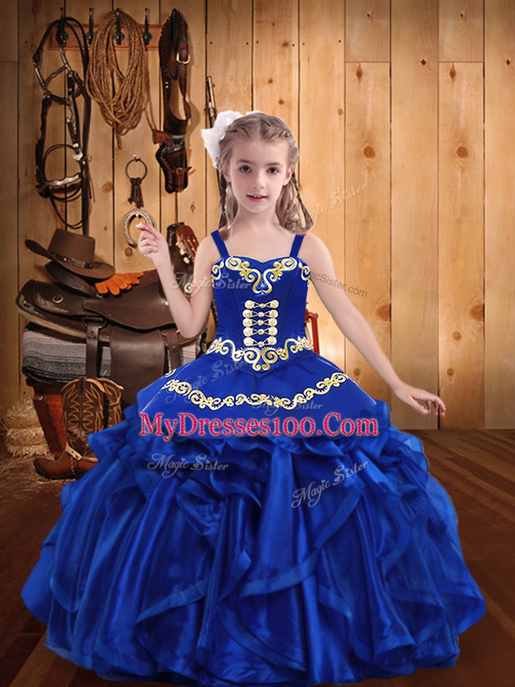 Royal Blue Straps Neckline Embroidery and Ruffles Little Girl Pageant Gowns Sleeveless Lace Up