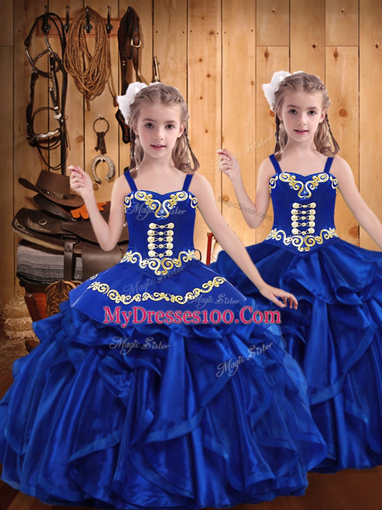 Royal Blue Straps Neckline Embroidery and Ruffles Little Girl Pageant Gowns Sleeveless Lace Up